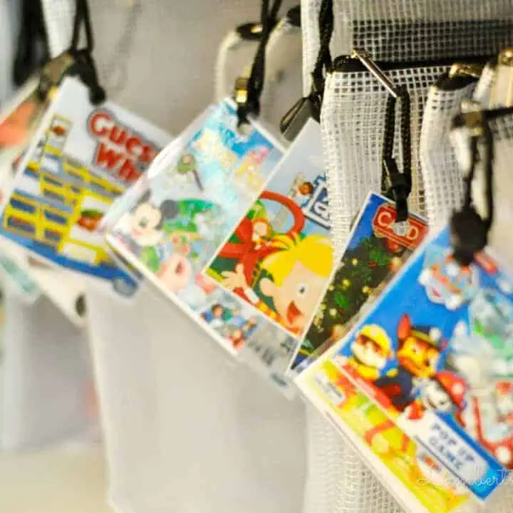 tags on filing bags of board games.