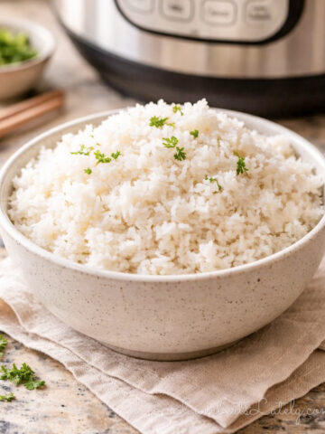 bowl of fluffy white rice in front of an instant pot pressure cooker.