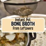 Straining homemade chicken bone broth in a fine mesh sieve over a pot.