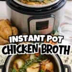 Homemade chicken stock in an Instant Pot with herbs and vegetables for bone broth.