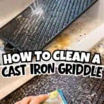 Cleaning a cast iron griddle with a sponge in a kitchen sink.