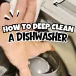 Person cleaning dishwasher with sponge, promoting inexpensive cleaning method.