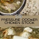 Homemade chicken stock cooking in a pressure cooker with herbs and vegetables.