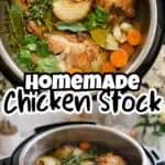 Homemade chicken stock with vegetables and herbs in an Instant Pot.