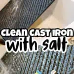 Cleaning a cast iron griddle with salt and a sponge in a kitchen sink.