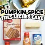 Pumpkin Tres Leches Cake with boxed cake mix and ingredients on a white plate.