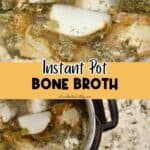 Homemade chicken bone broth cooking in an Instant Pot with vegetables and herbs.