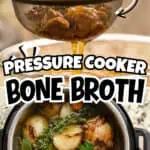 Homemade chicken bone broth cooking in an Instant Pot with fresh herbs and vegetables.