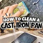 Cleaning a cast iron griddle with salt and water using a sponge in the kitchen.