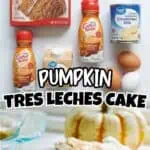 Pumpkin Tres Leches Cake with box cake mix, eggs, and ingredients on a kitchen counter.