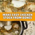 Homemade chicken stock with bones simmering in a pot.