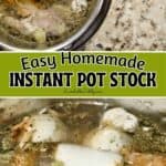 Homemade chicken stock cooking in Instant Pot with bones and herbs.