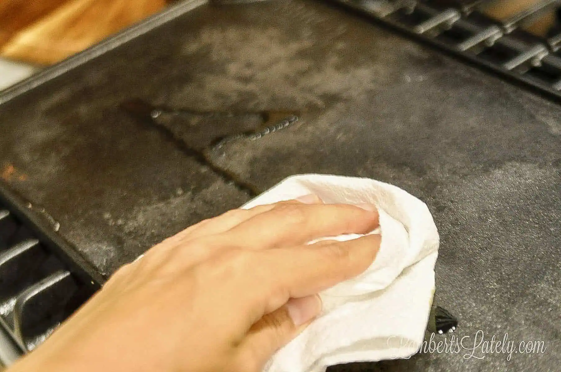 rubbing avocado oil into the cast iron griddle with a dry towel.