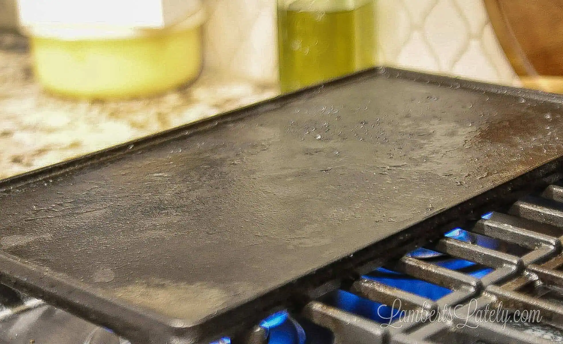wet griddle on a stovetop.