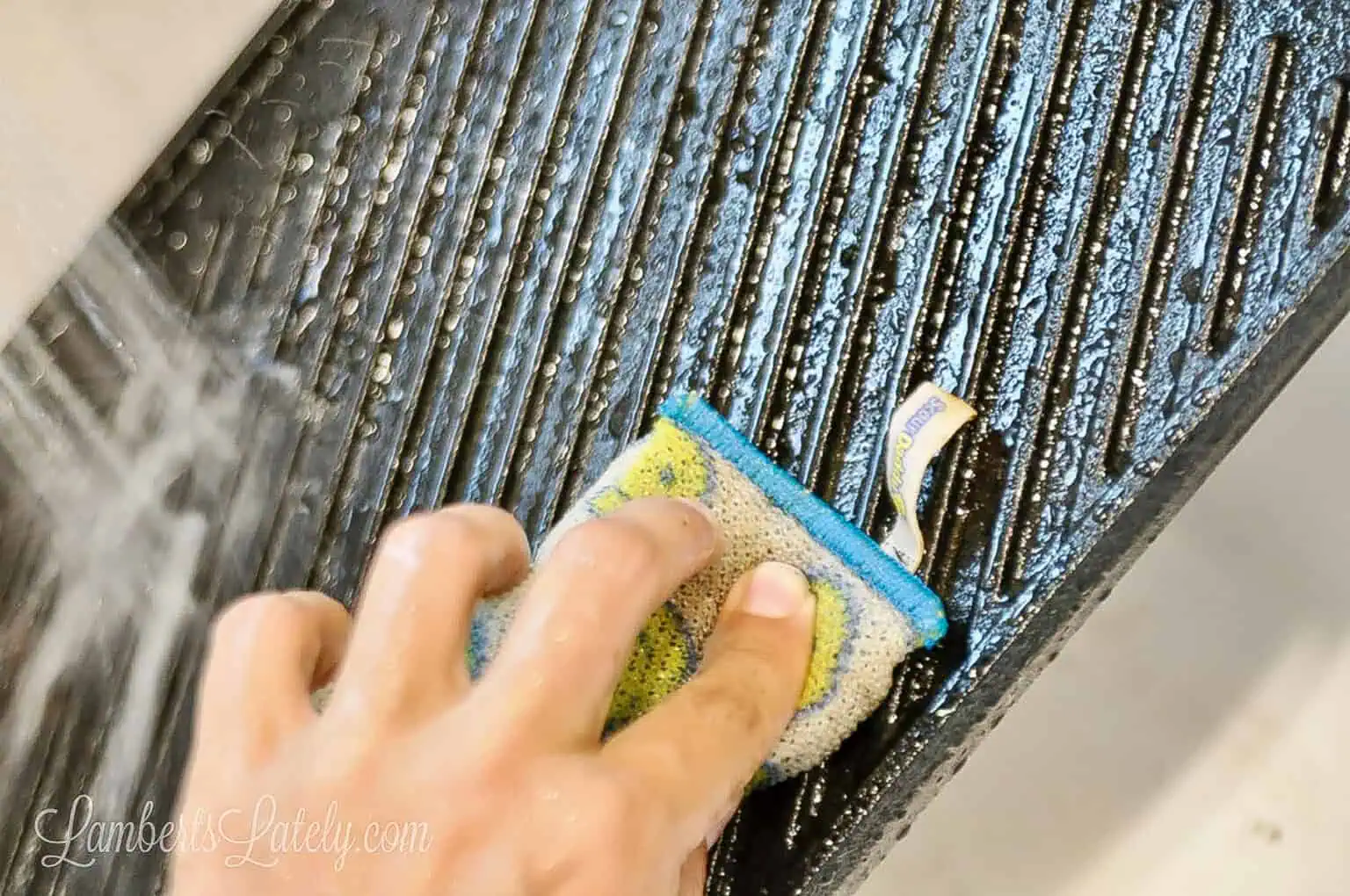washing the cast iron with water and scrubbing with a sponge.