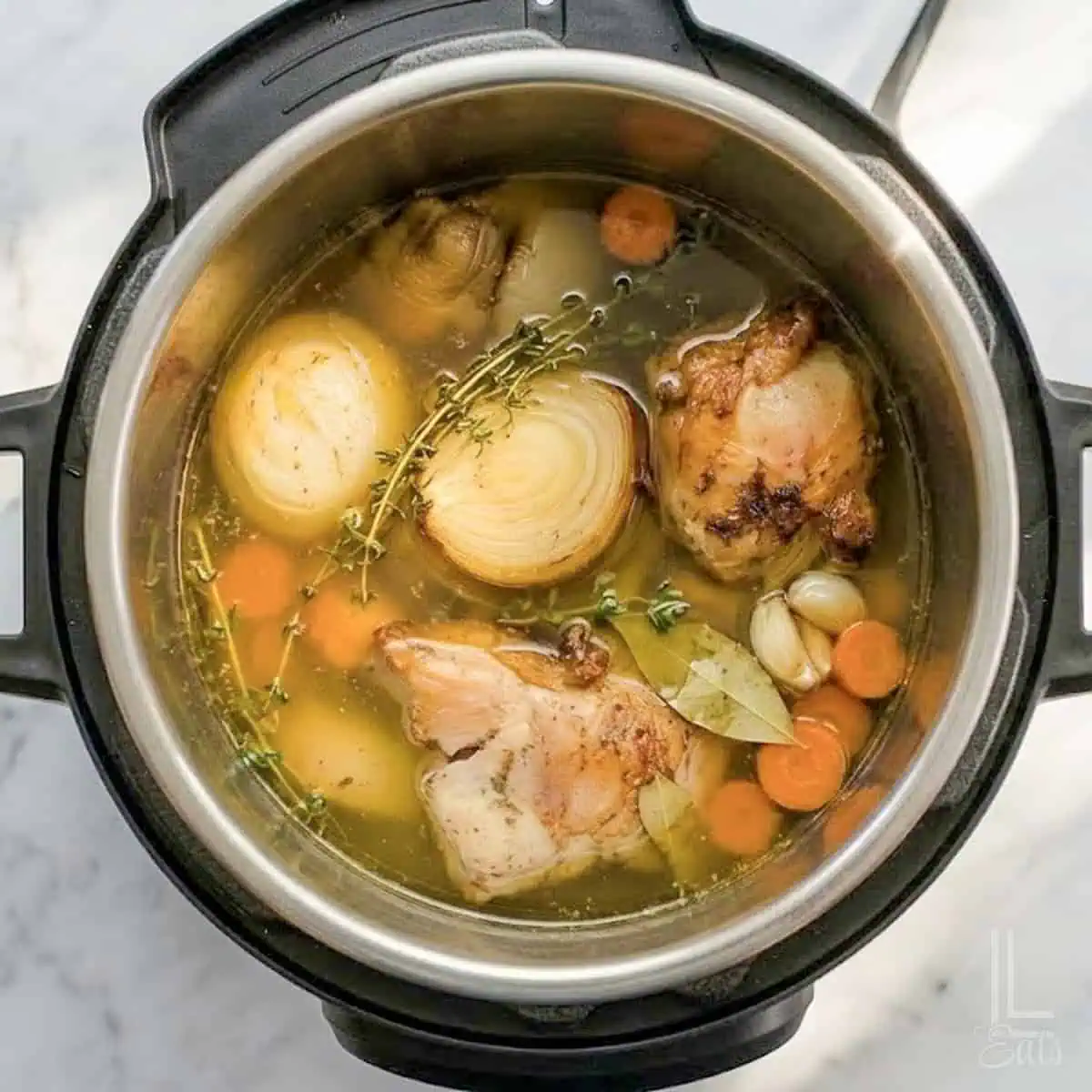 chicken, water, onions, carrots, and herbs in an instant pot.