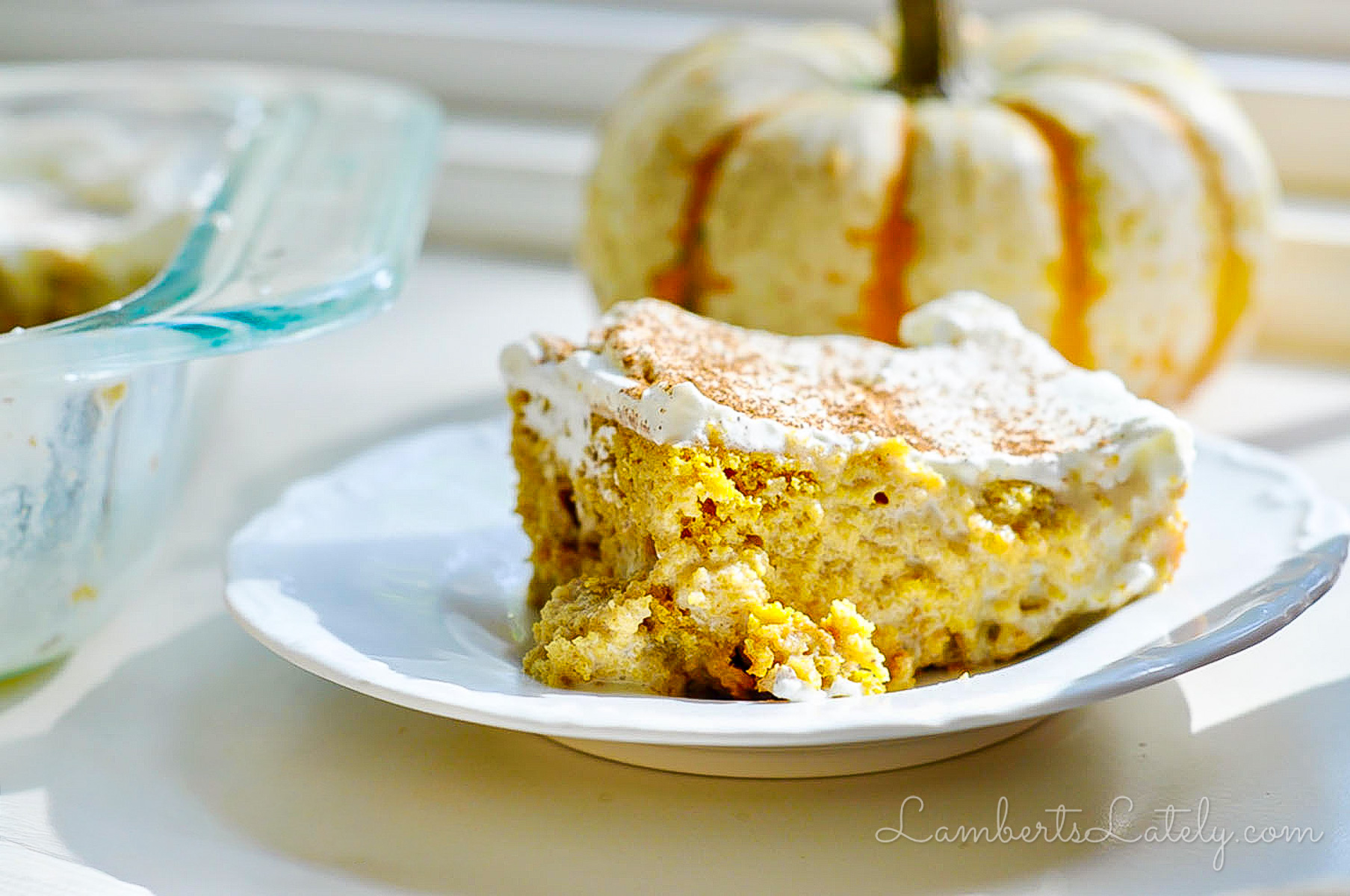 piece of pumpkin tres leches cake on a plate next to a baking dish and pumpkins.
