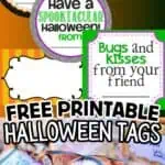 Collection of printable Halloween tags with festive designs and messages for kids.
