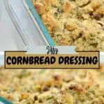 Close-up of Jiffy Cornbread Dressing with Sausage in a glass baking dish.