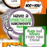 Colorful Halloween gift tags with fun phrases for party favors and decorations.