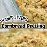 Close-up of Thanksgiving cornbread dressing with sausage in a glass baking dish.