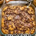 Pumpkin Earthquake Cake in a glass baking dish with chocolate and pecans.