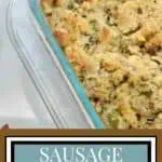 Close-up of sausage cornbread dressing in a glass baking dish.