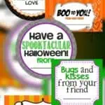 Set of printable Halloween gift tags with festive designs and messages for kids.