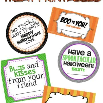 5 halloween treat printables, with pictures of tags.