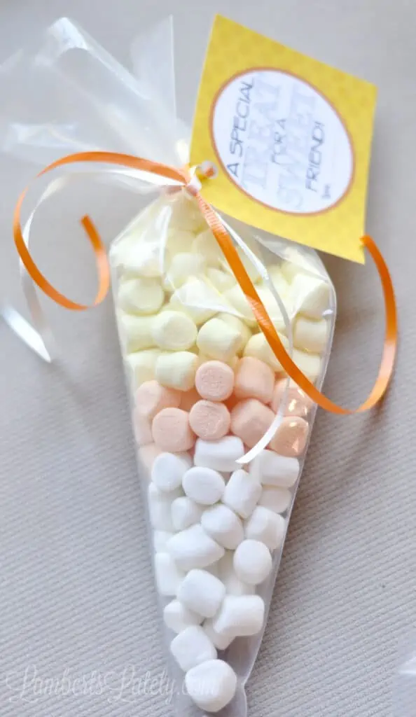 triangular bag filled with white, yellow, orange marshmallows, tied with a yellow treat bag tag.
