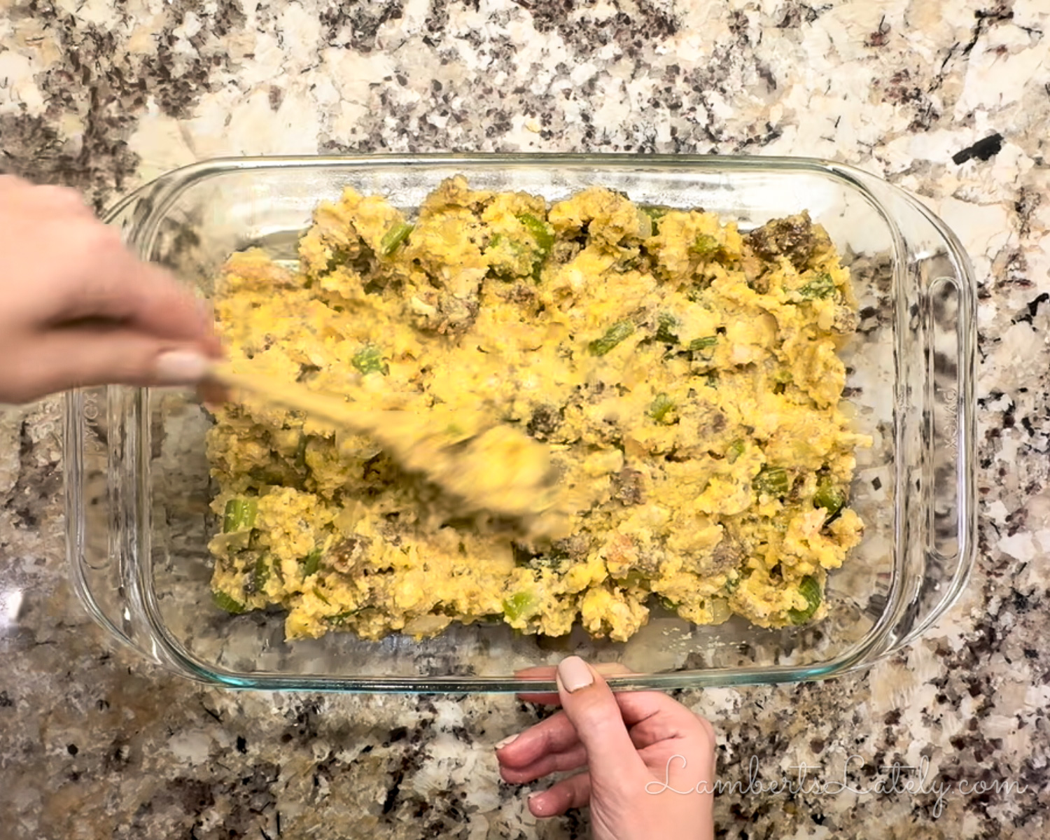 spreading the dressing mixture in a casserole dish.