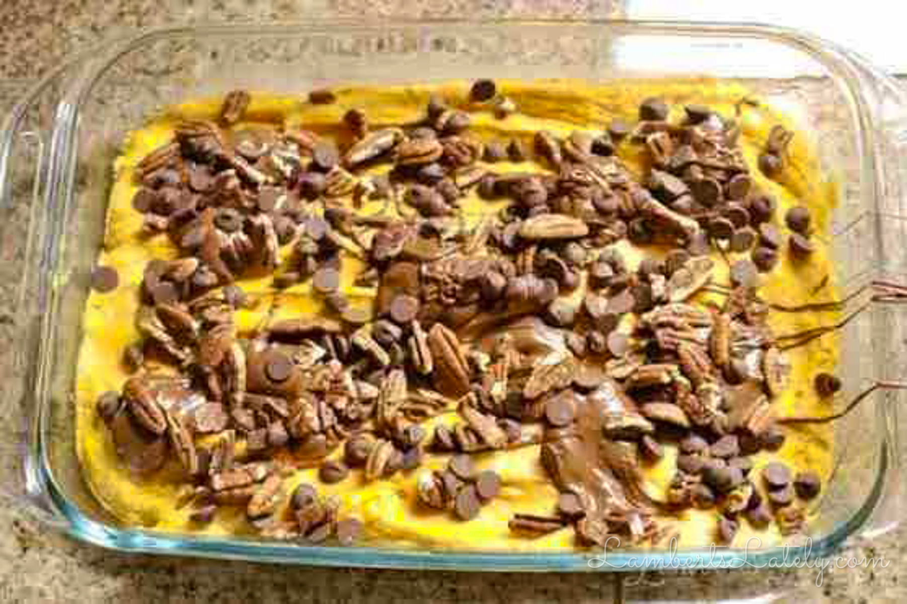 swirled ingredients in a baking dish.