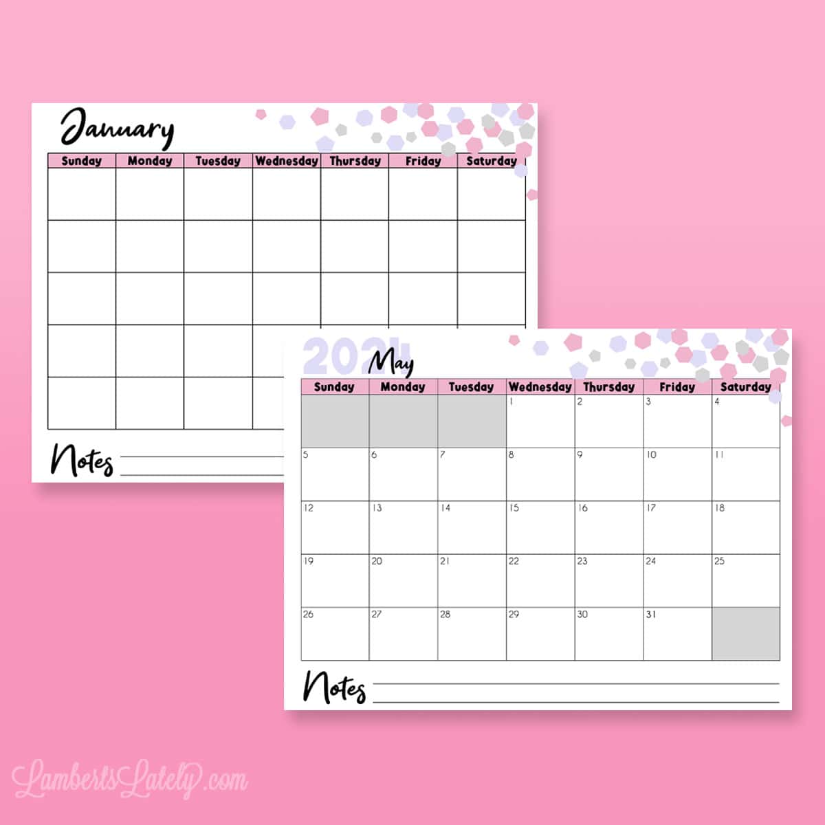 pink confetti calendar printables in landscape orientation.