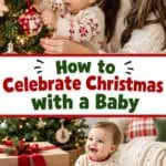 Mother and baby decorating Christmas tree with ornaments and gifts nearby.