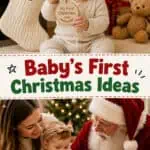 Adorable baby celebrating first Christmas with family and festive decorations.