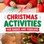 Two babies engaging in Christmas activities with festive decorations and tree.