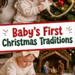 Baby's first Christmas traditions with family and decorations.