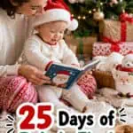 Mother and baby celebrating first Christmas with gifts and decorations.