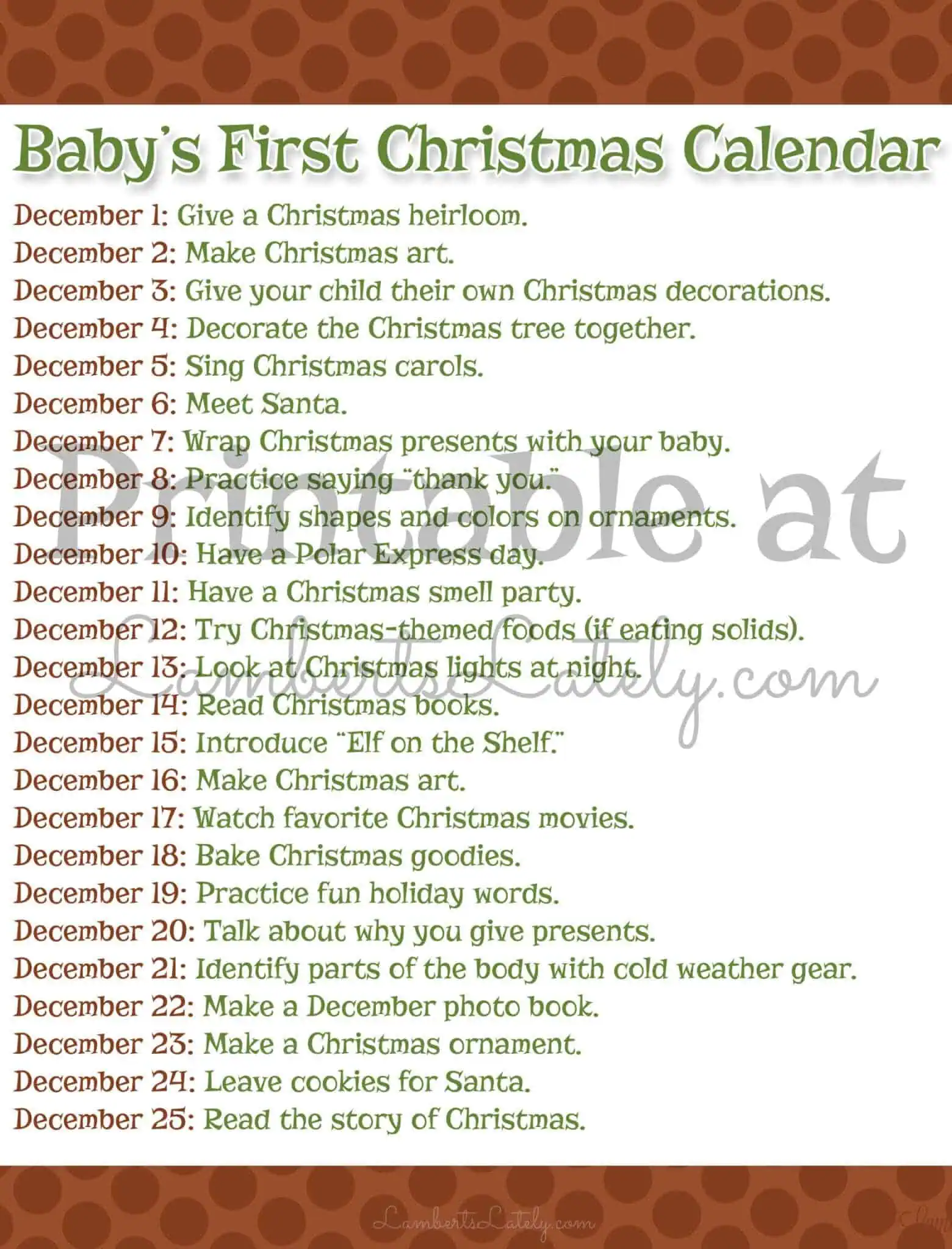 baby's first christmas activity calendar printable.