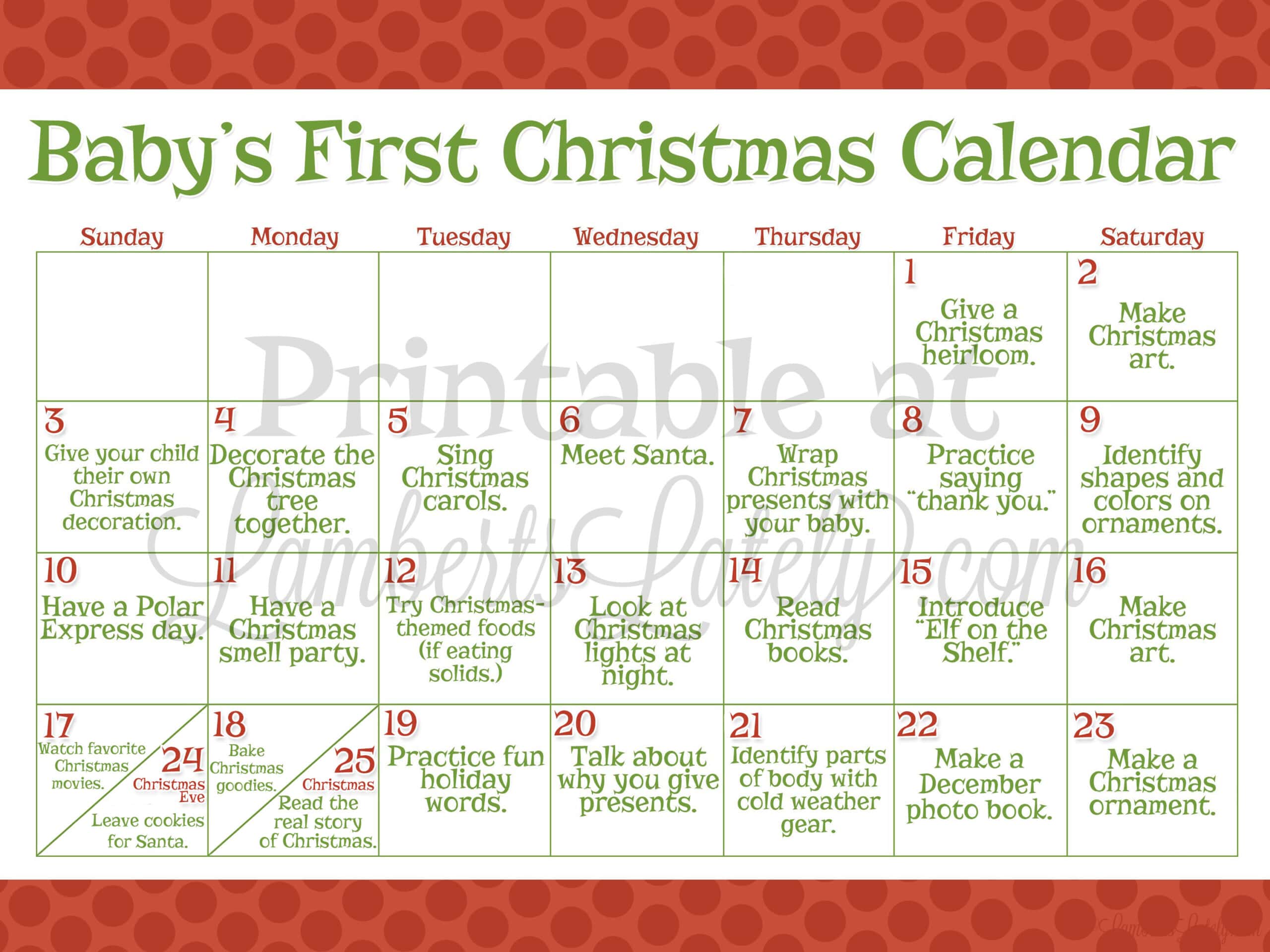 babys first christmas calendar printable.