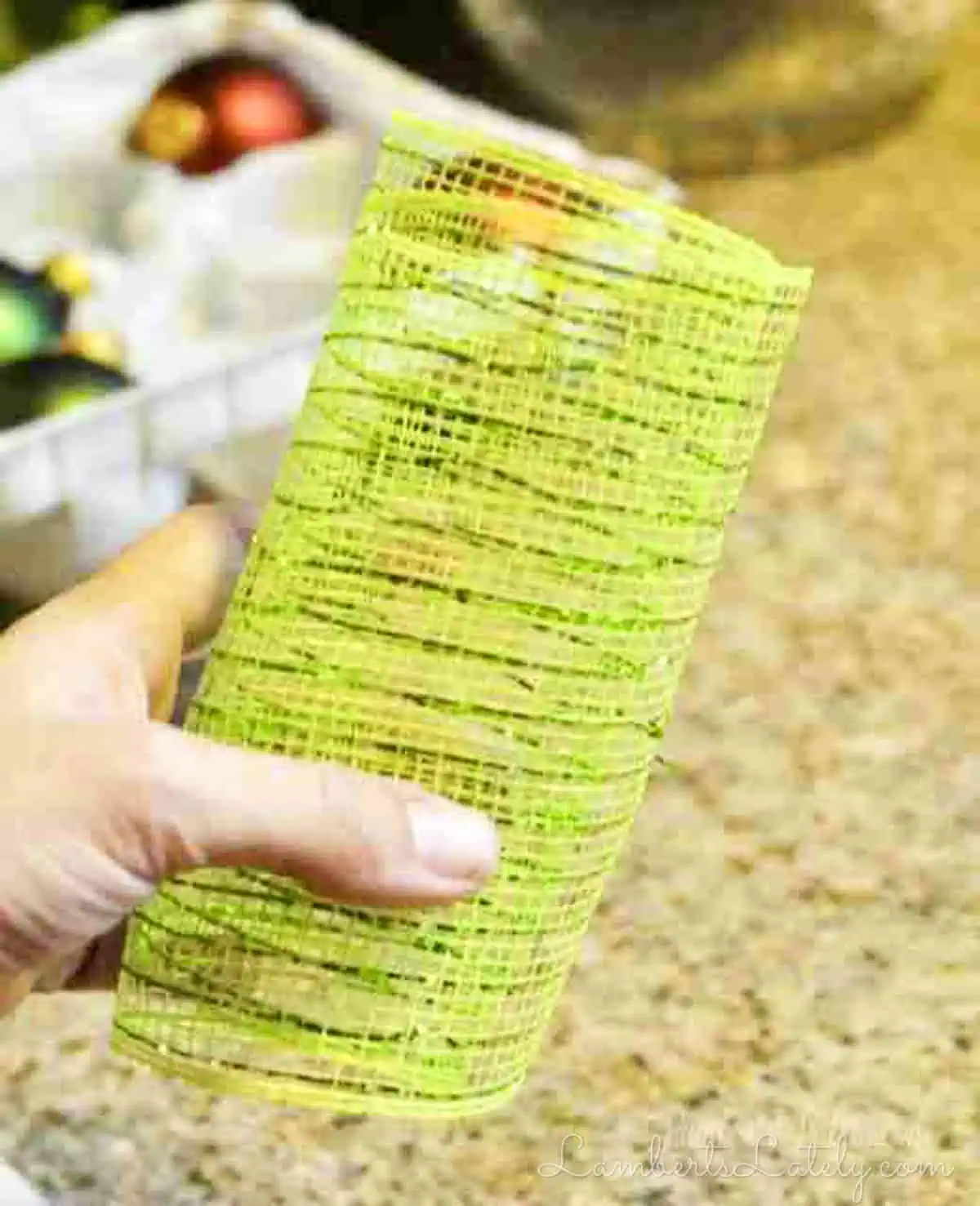 holding a green deco mesh loop.