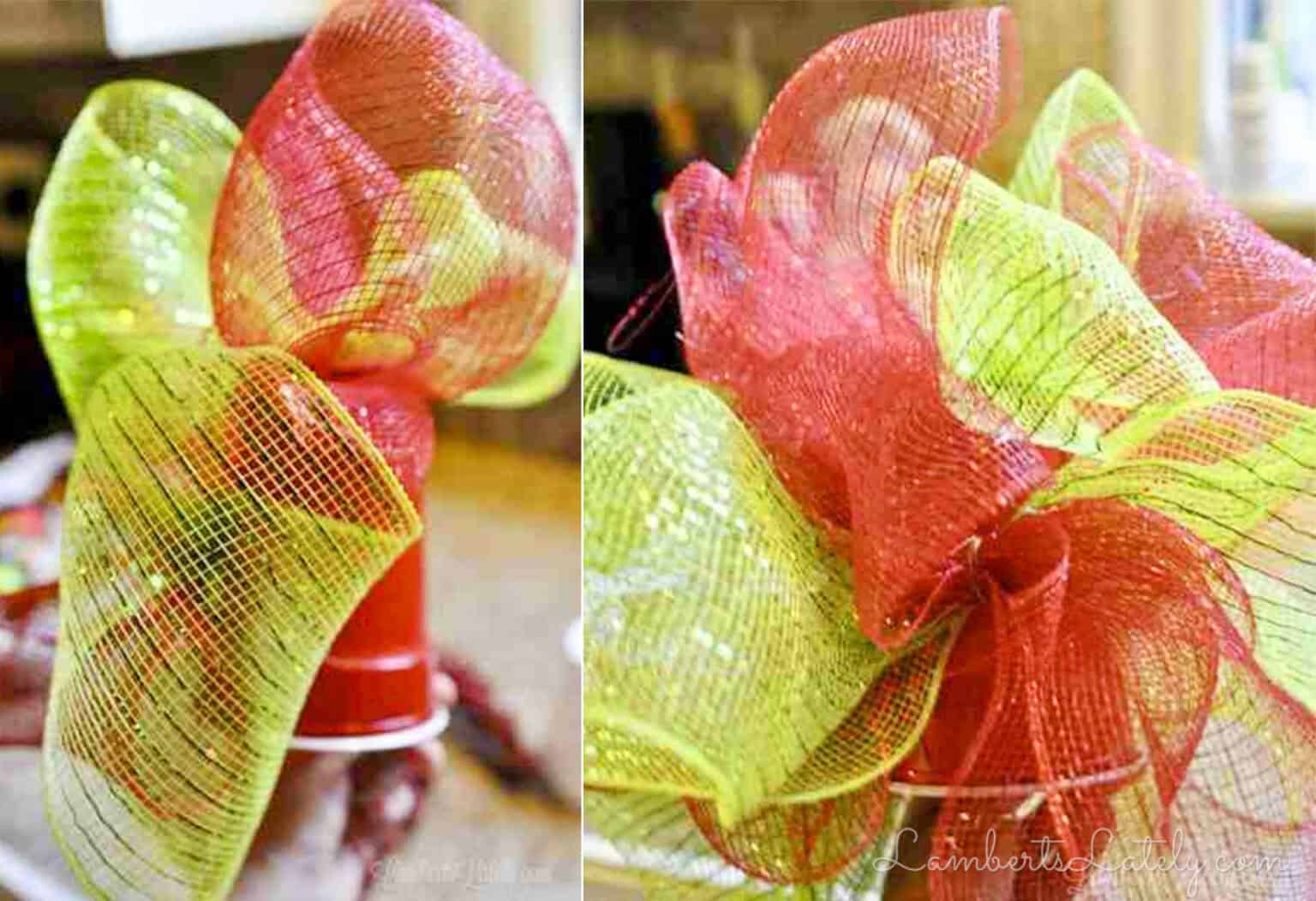 Green deco mesh ribbon loop for adding volume to tree topper.