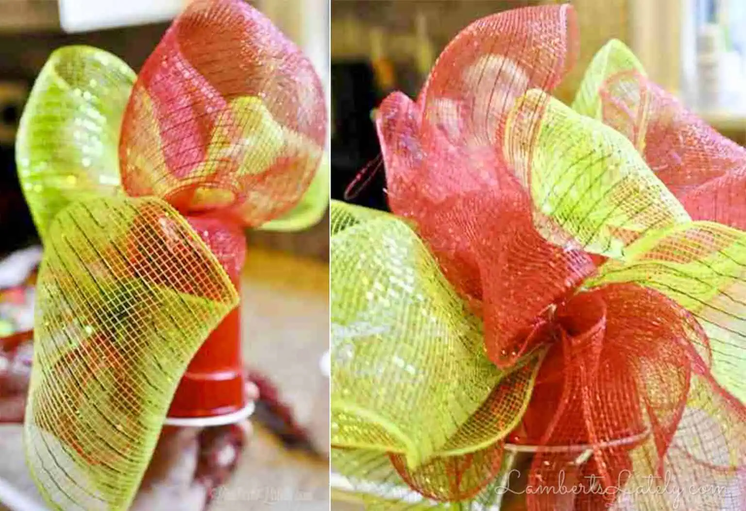 Green deco mesh ribbon loop for adding volume to tree topper.