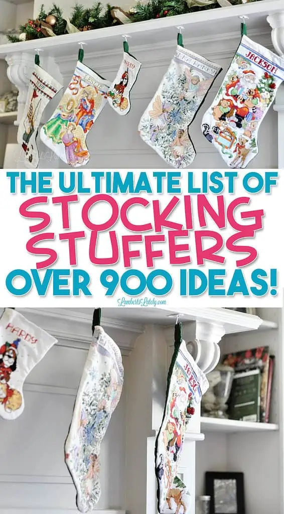 Long image of stockings on a mantle - over 900 stocking stuffer ideas