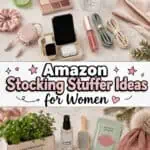 Stocking stuffer ideas for women with beauty and wellness gifts on a festive background.