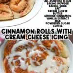 Close-up of cinnamon rolls with cream cheese frosting and drizzled icing.