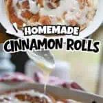 Homemade cinnamon rolls with cream cheese frosting and caramelized topping.