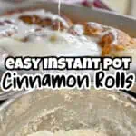 Close-up of cinnamon rolls with cream cheese frosting and pouring glaze.