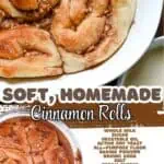 Close-up of homemade cinnamon rolls with cream cheese frosting in a baking dish.