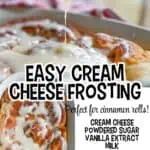 Cream cheese frosting being poured over freshly baked cinnamon rolls with a golden-brown crust.